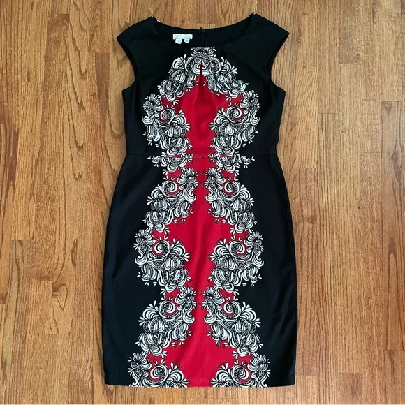 London Times sleeveless sheath dress with white red black pattern size 10